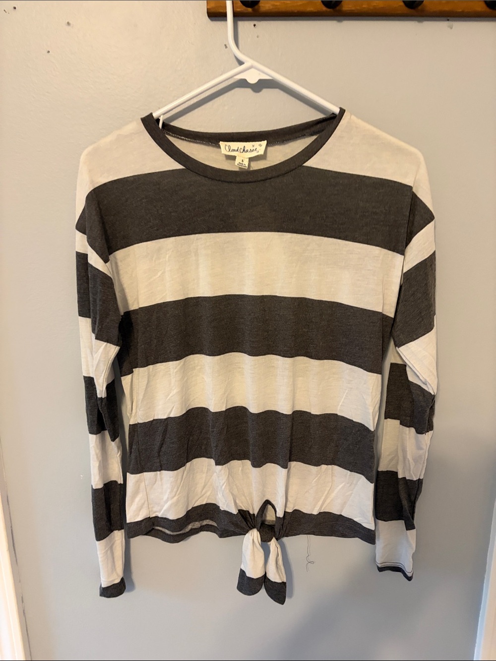 Gray and White Striped Long-Sleeve Tie-Front Top